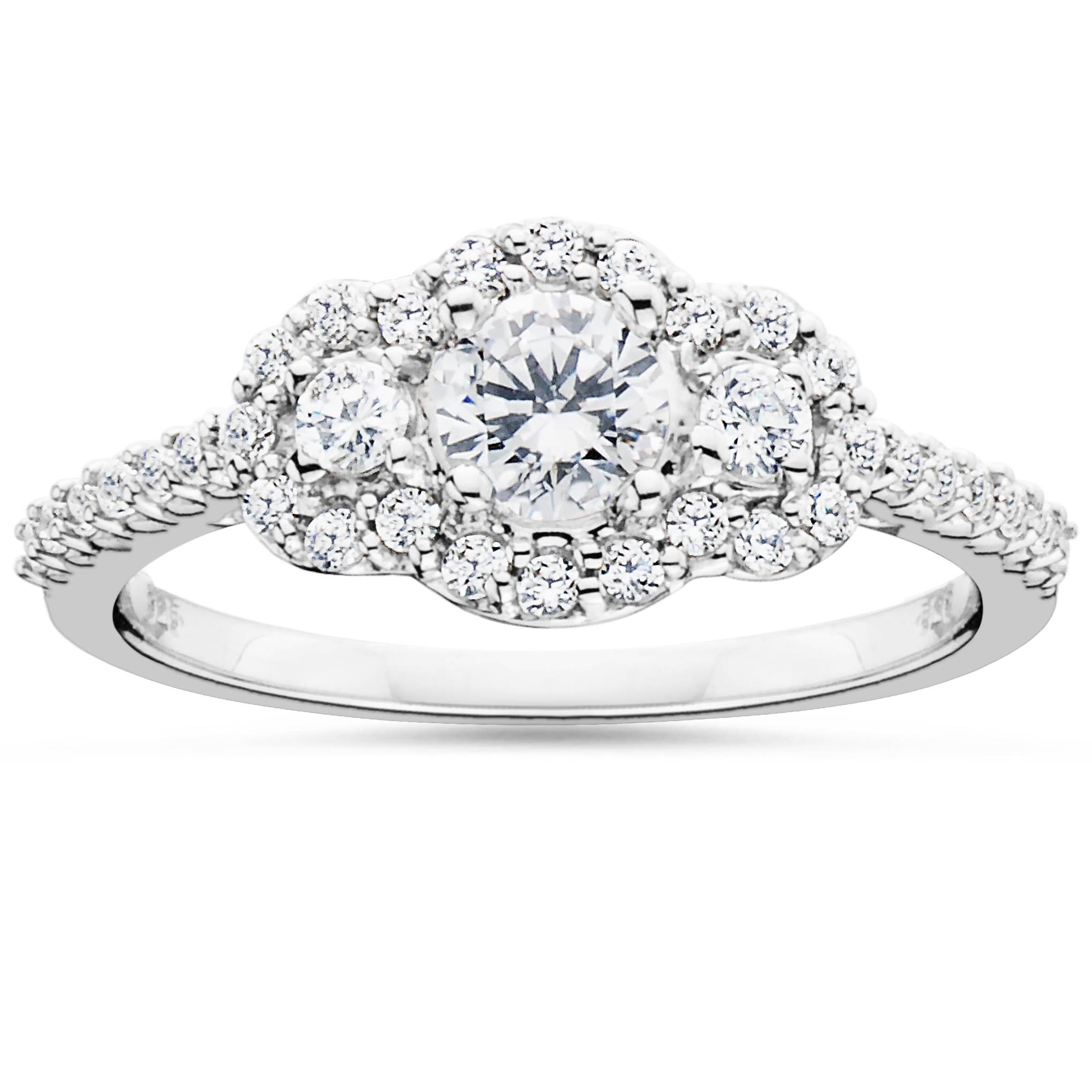 7/8 Carat 3-Stone Halo Diamond Anniversary Engagement Ring Solitaire White Gold Size Selectable