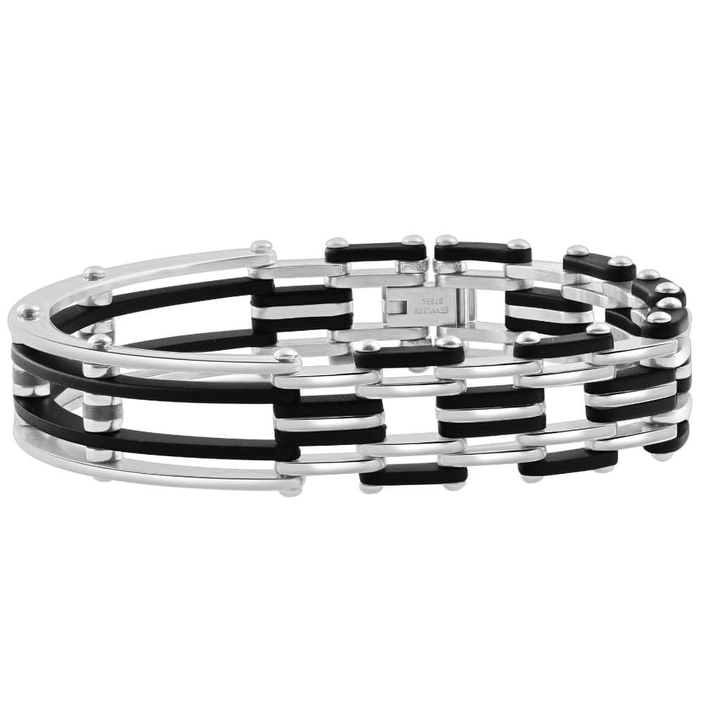 Men's Steel Two tone Black 13.5mm Link Flexible Clasp  8.5 " Bracelet