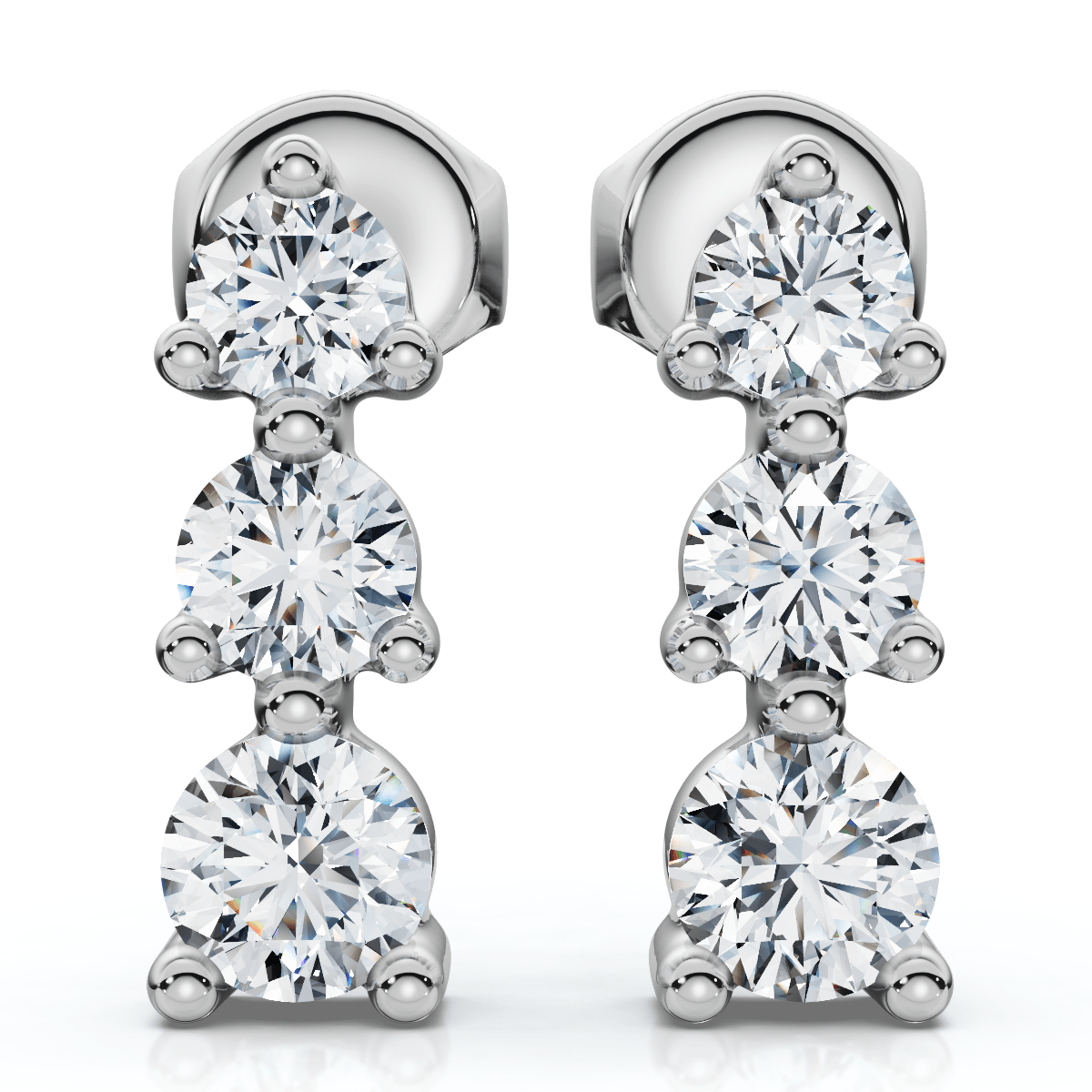 1/2ct 3 Stone Round Graduated Diamond Earrings 14K White Gold