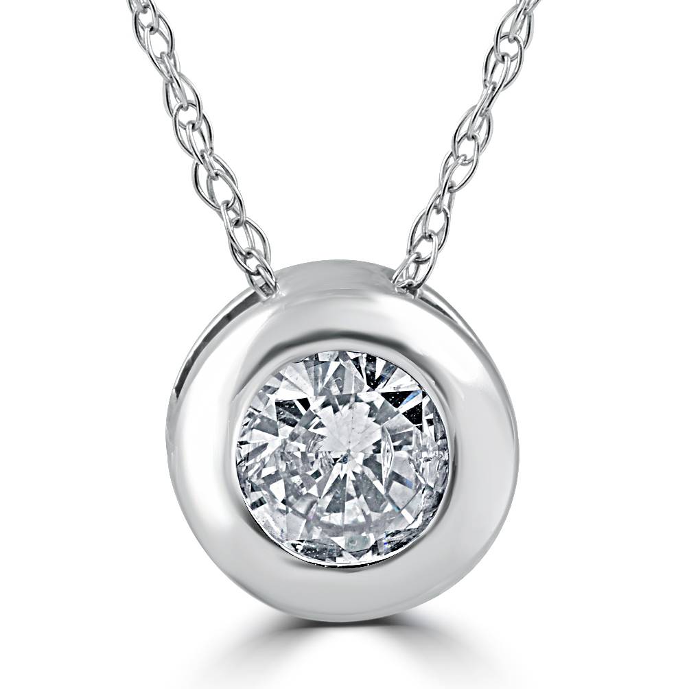 14K White Gold 1/2ct Round Solitaire Diamond Solitaire Bezel Pendant