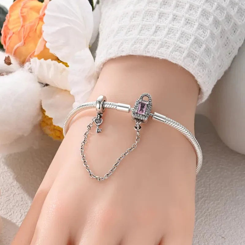 Lock and Key Bracelet with Pink Crystal and Safety Chain