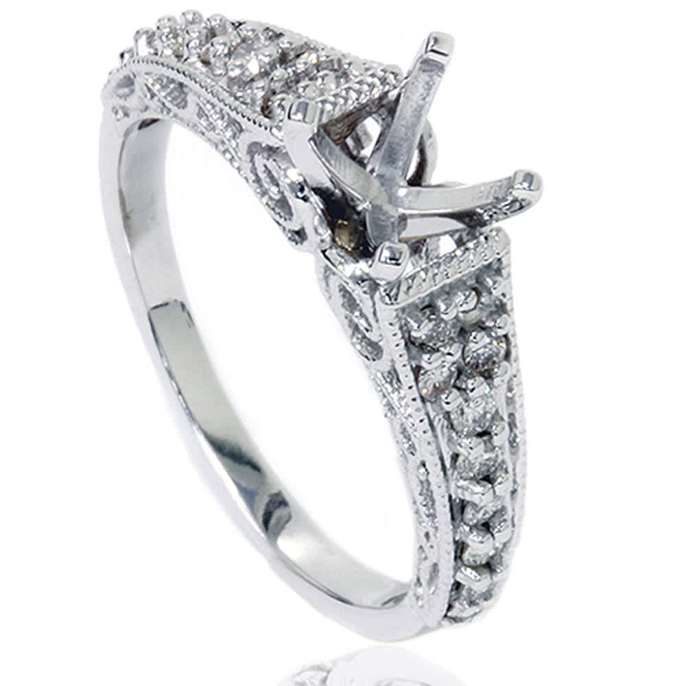 3/8ct Vintage Diamond Engagement Ring Mount 14K White Gold Size Selectable