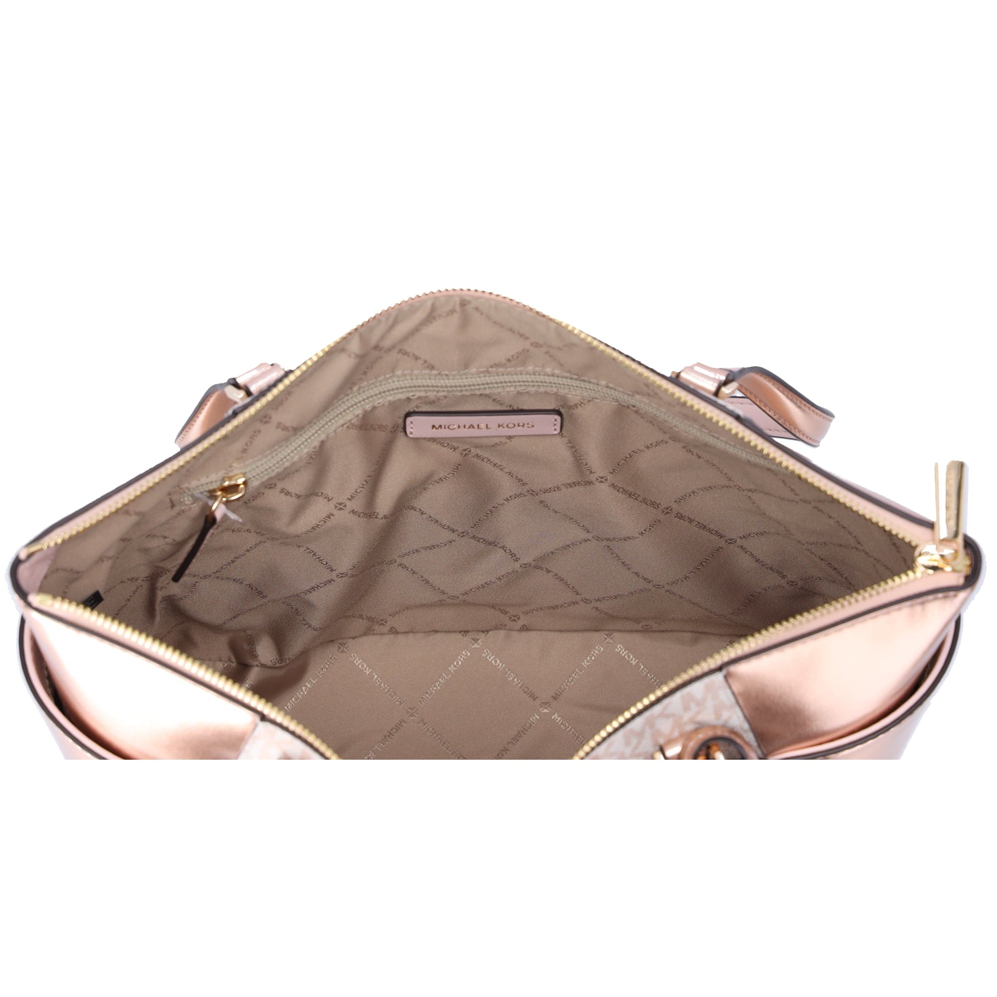 Michael Kors Charlotte Large Signature Logo Metallic Top Zip Tote Bag Rose Gold