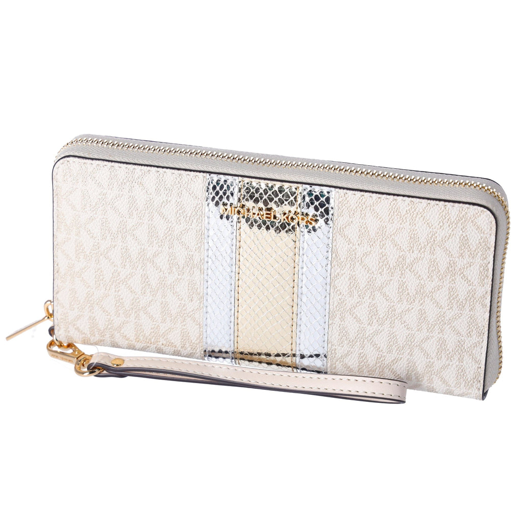 Michael Kors Jet Set Large Continental Wristlet Center Stripe MK Pale Gold