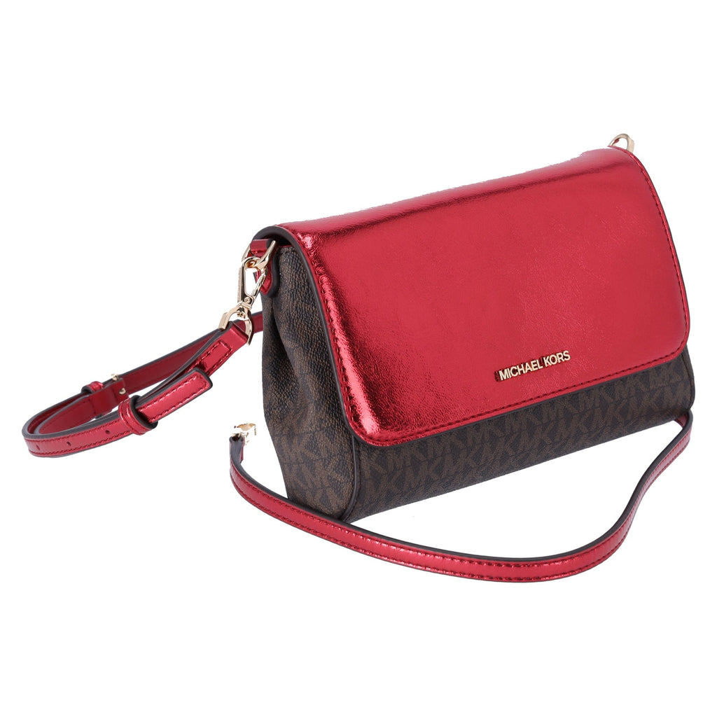 Michael Kors Jet Set Medium Convertible Pouchette Crossbody Brown Red Metallic
