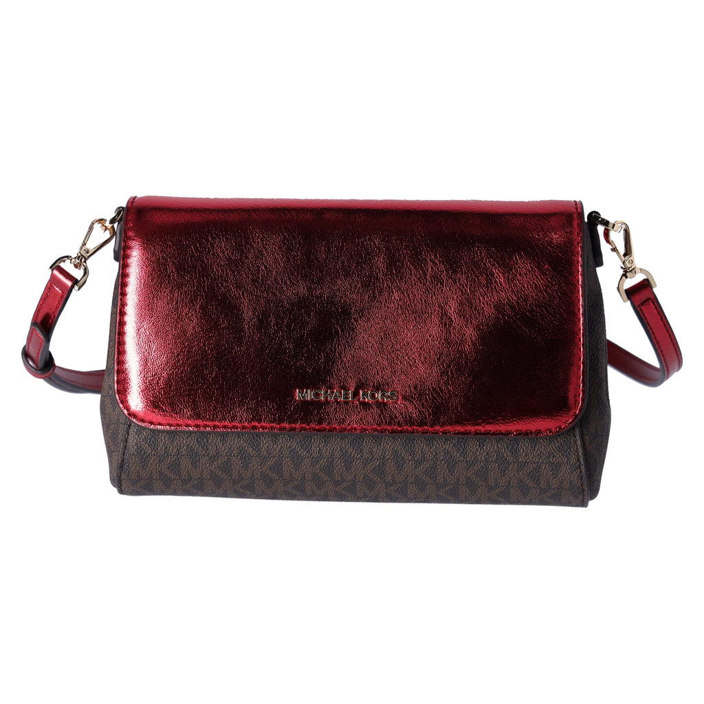 Michael Kors Jet Set Medium Convertible Pouchette Crossbody Brown Red Metallic