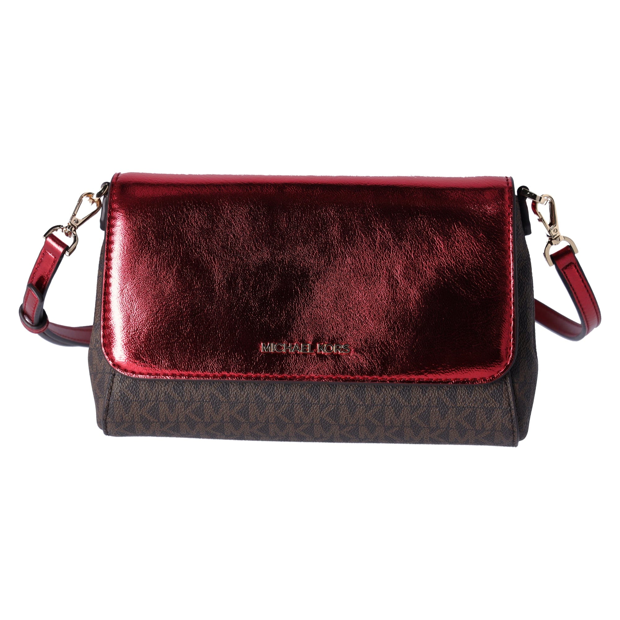 Michael Kors Jet Set Medium Convertible Pouchette Crossbody Brown Red Metallic