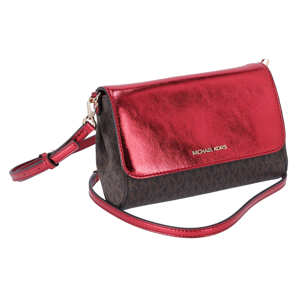 Michael Kors Jet Set Medium Convertible Pouchette Crossbody Brown Red Metallic