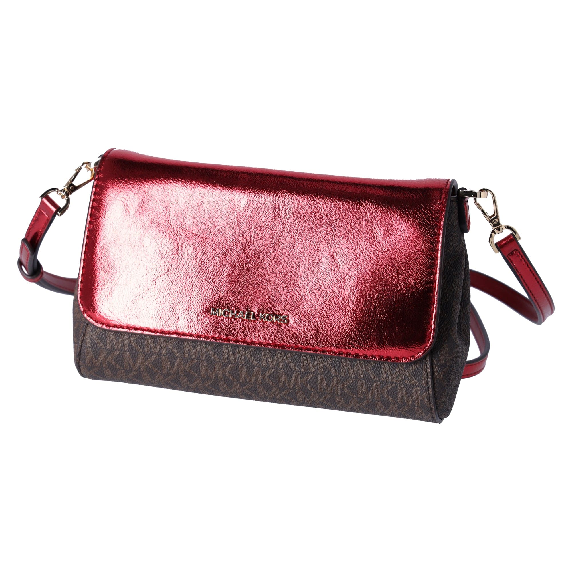 Michael Kors Jet Set Medium Convertible Pouchette Crossbody Brown Red Metallic