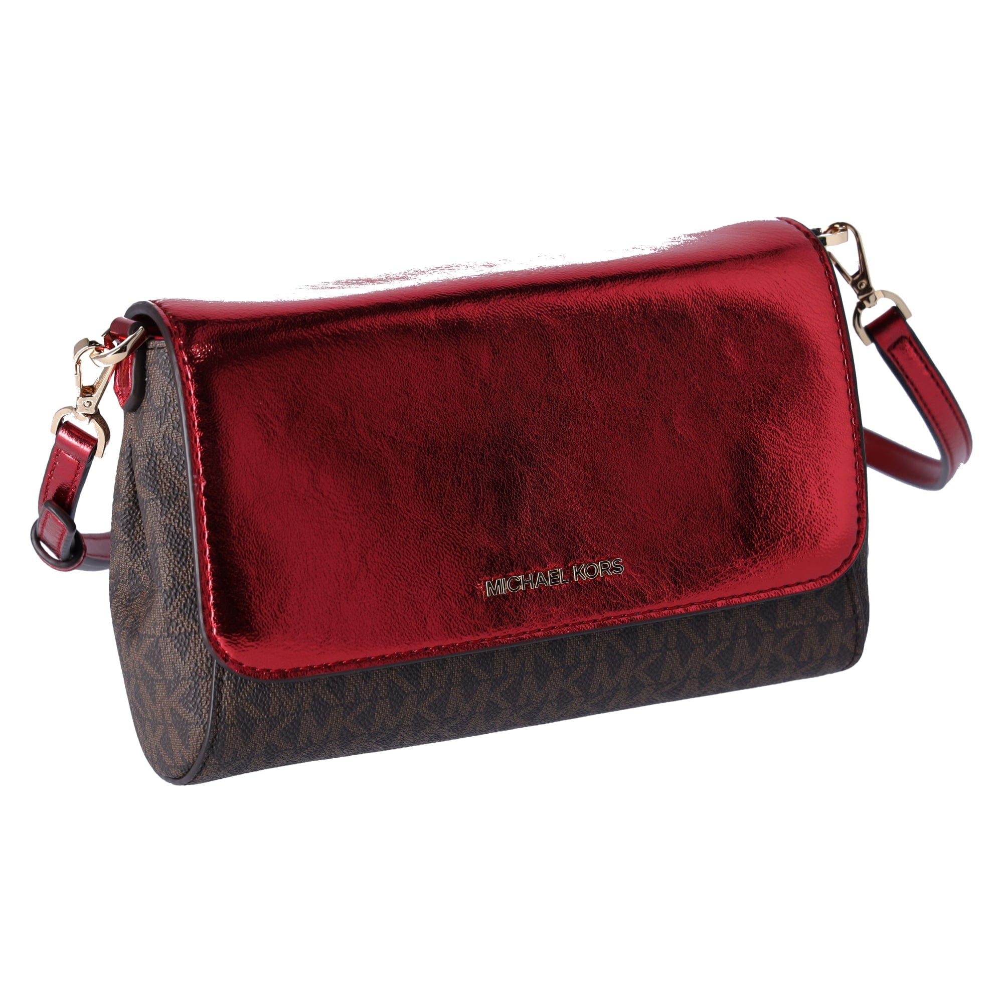 Michael Kors Jet Set Medium Convertible Pouchette Crossbody Brown Red Metallic
