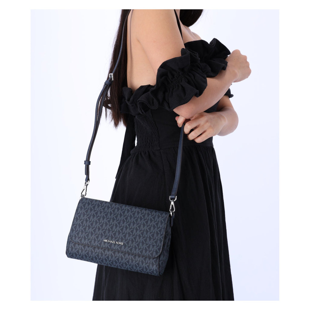 Michael Kors Jet Set Medium Convertible Pouchette Crossbody Navy MK Signature