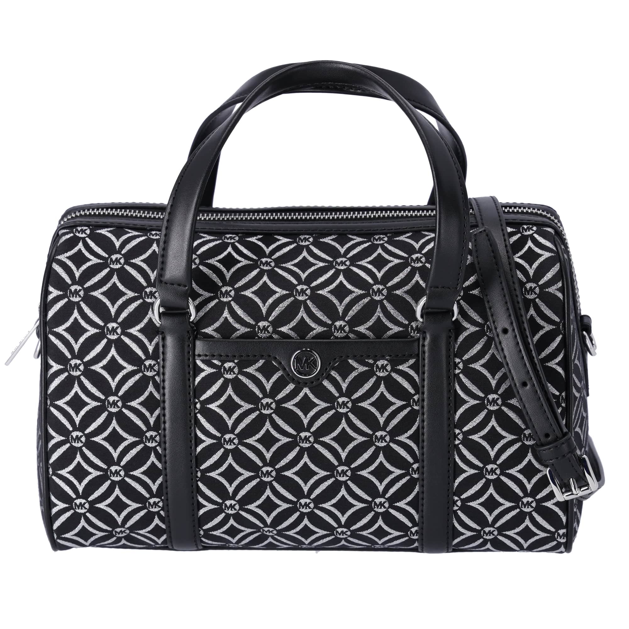 Michael Kors Jet Set Medium Duffle Bag Black Silver Logo Silver Metallic
