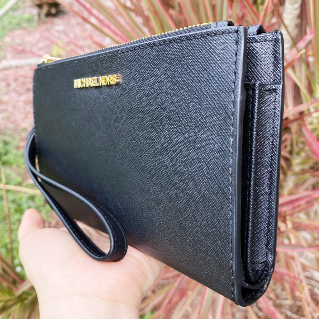 Michael Kors JetSet Travel DoubleZip WristletLeather PhoneCase Wallet Black