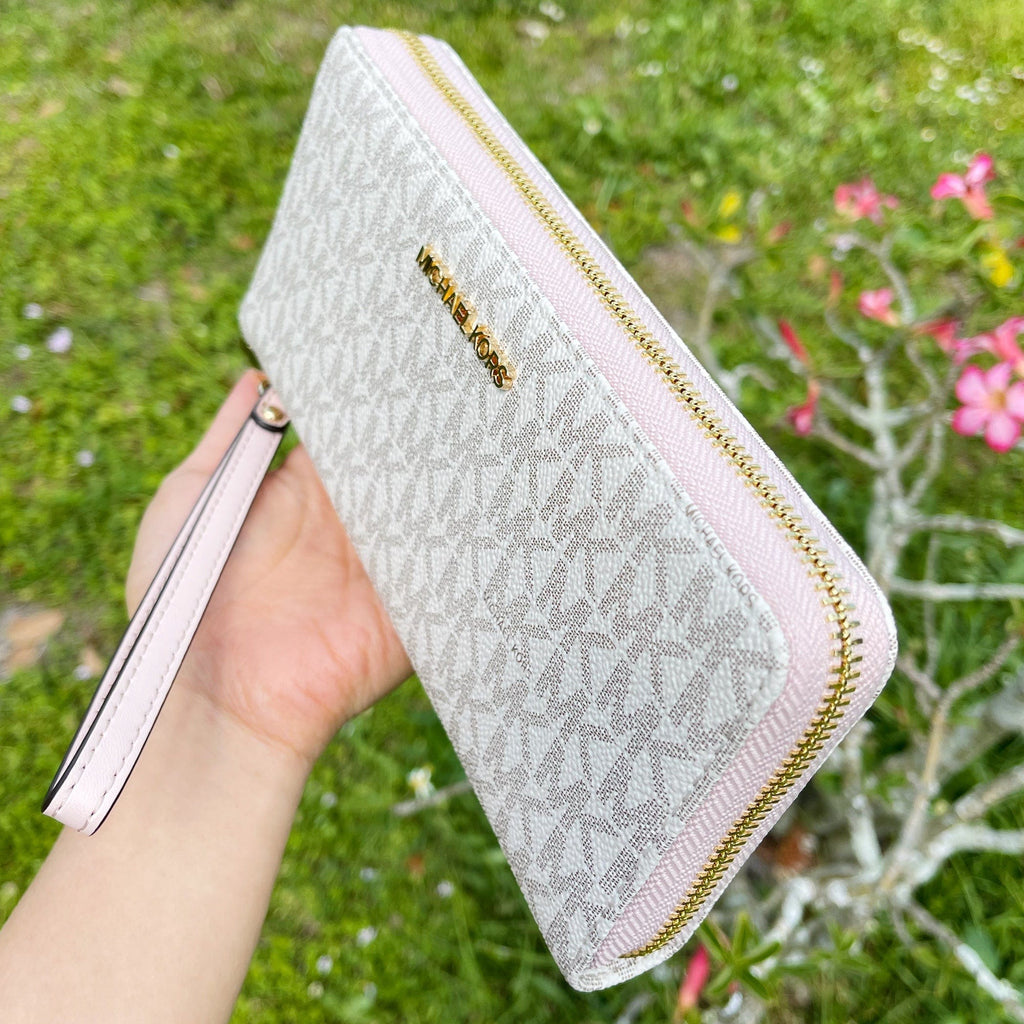 Michael Kors JetSet Large ContinentalWallet Wristlet MK Vanila PinkBlush