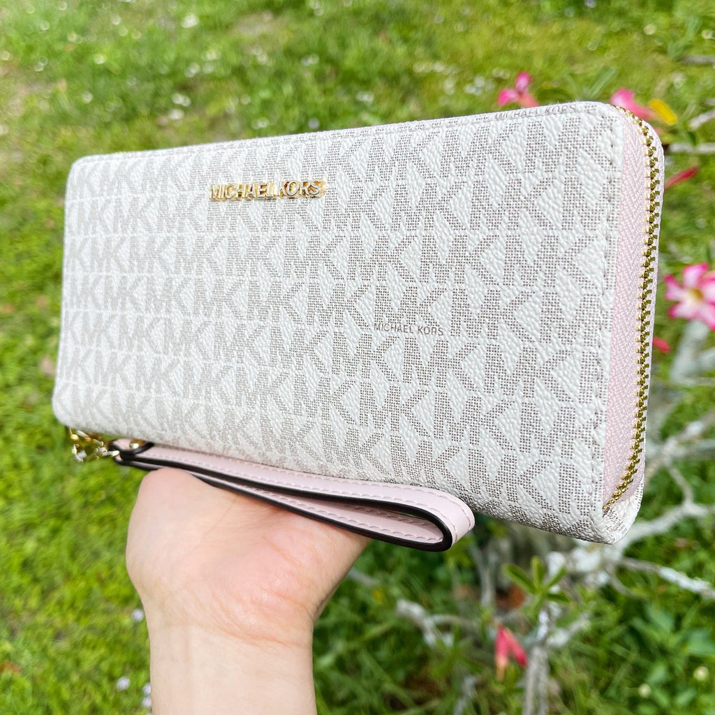 Michael Kors JetSet Large ContinentalWallet Wristlet MK Vanila PinkBlush