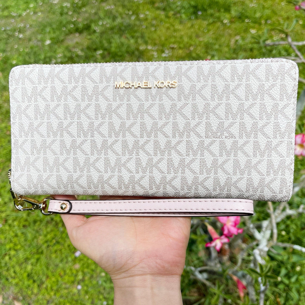 Michael Kors JetSet Large ContinentalWallet Wristlet MK Vanila PinkBlush