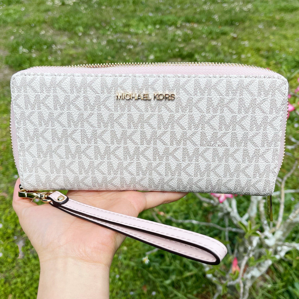 Michael Kors JetSet Large ContinentalWallet Wristlet MK Vanila PinkBlush