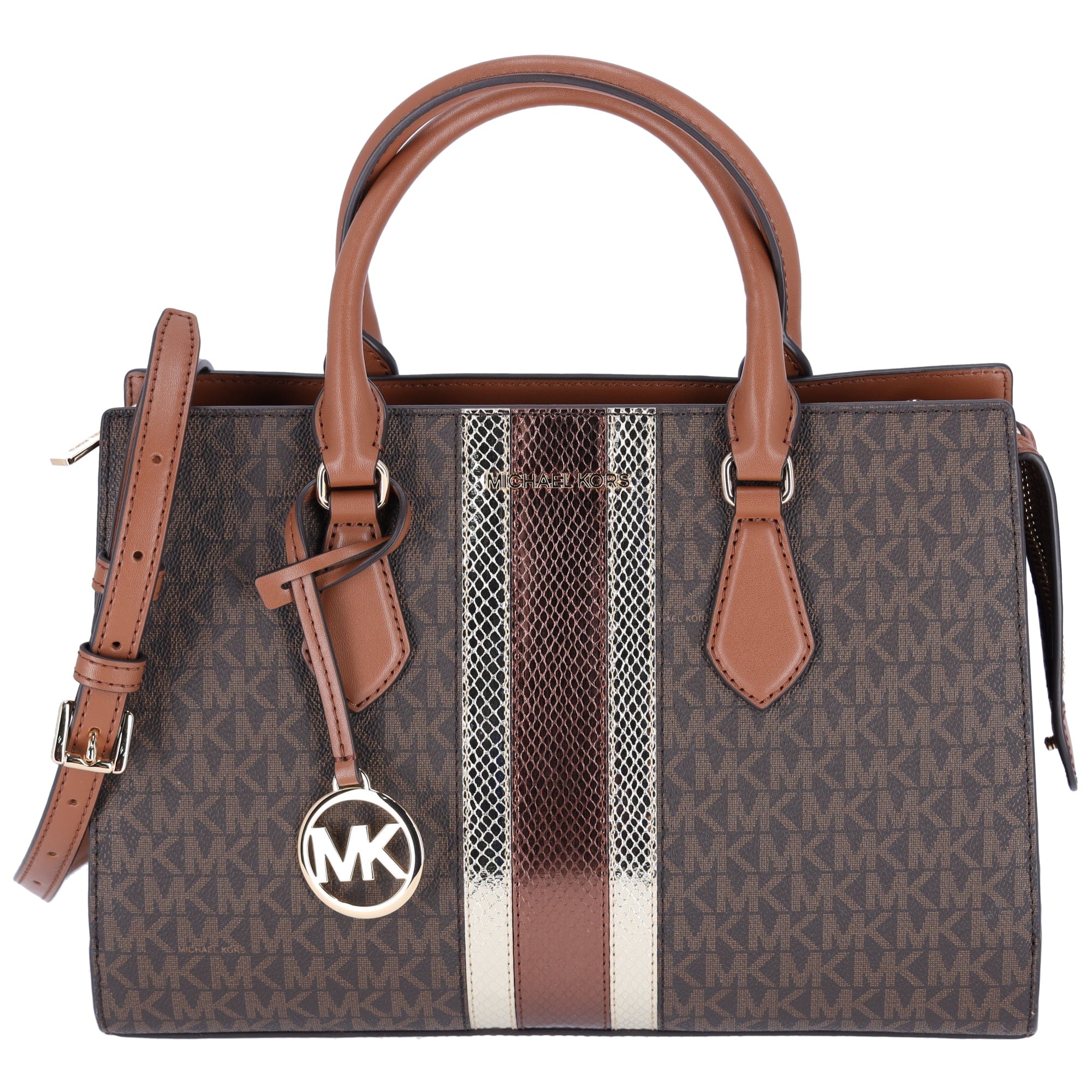 Michael Kors Sheila Medium Signature Logo and Metallic Satchel Brown Gold