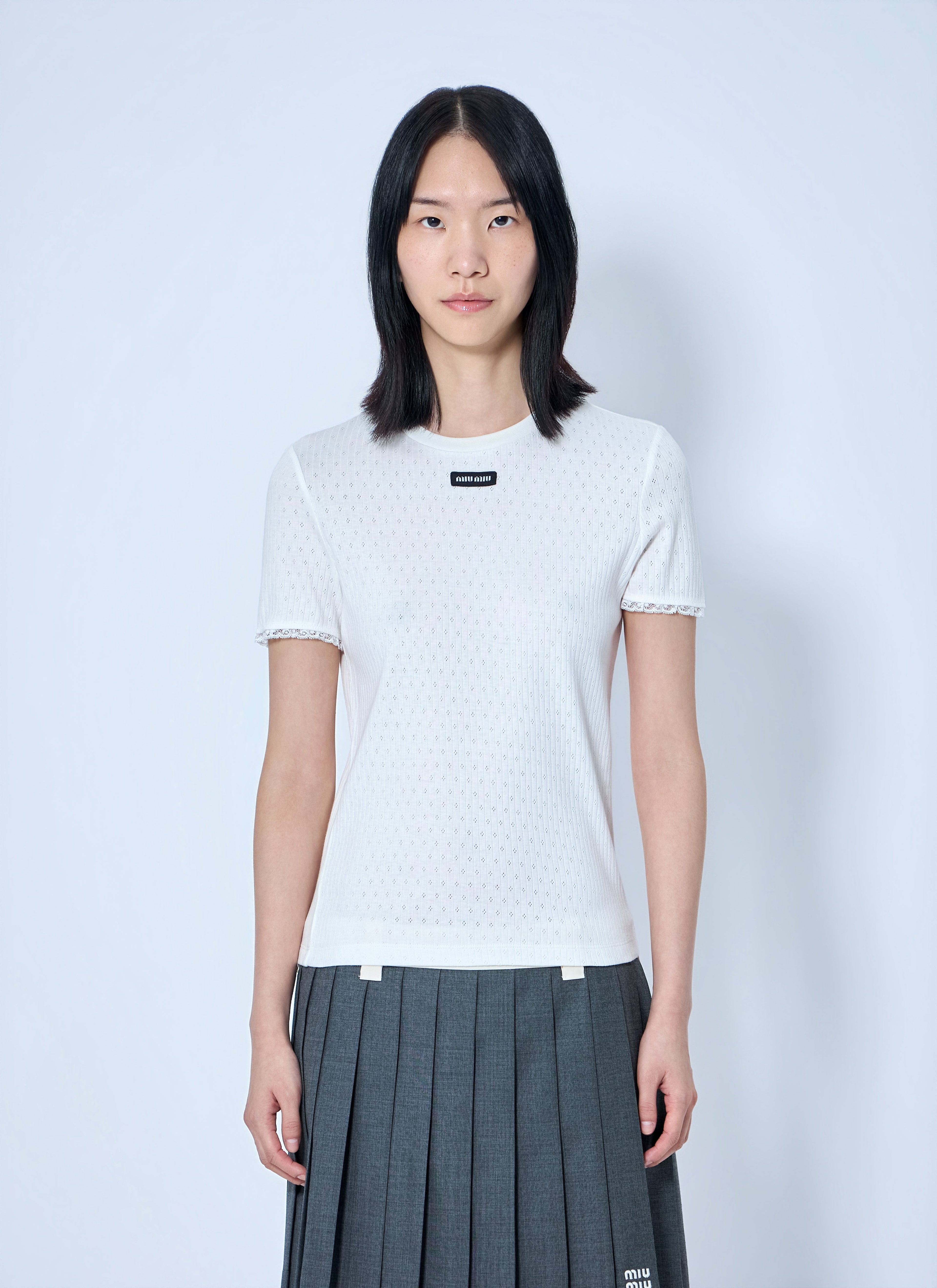 Miu Miu Women Lace-Trim Logo-Patch T-Shirt