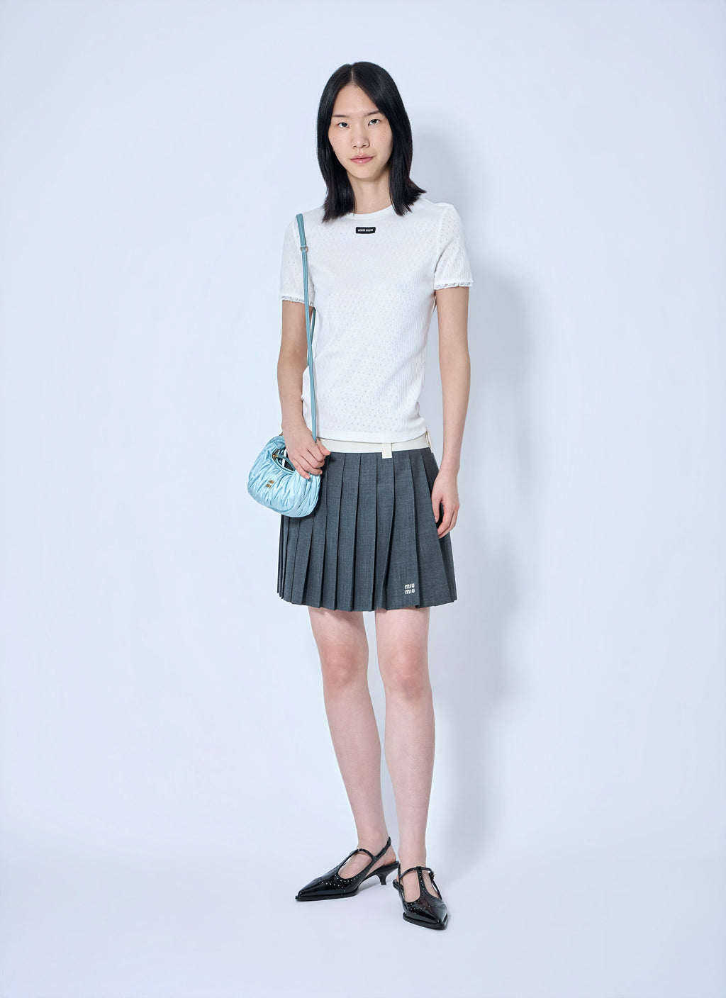 Miu Miu Women Lace-Trim Logo-Patch T-Shirt