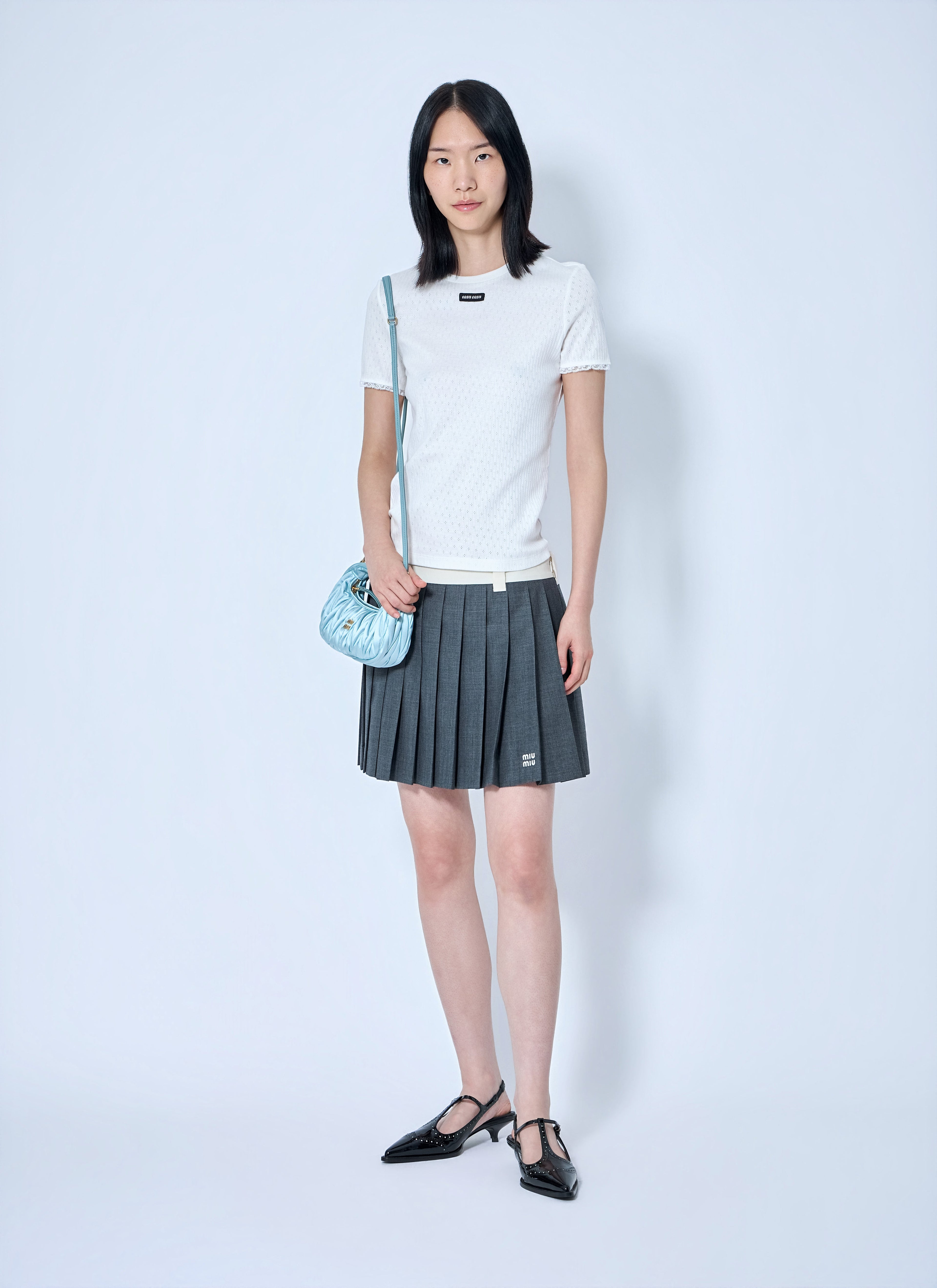 Miu Miu Women Lace-Trim Logo-Patch T-Shirt