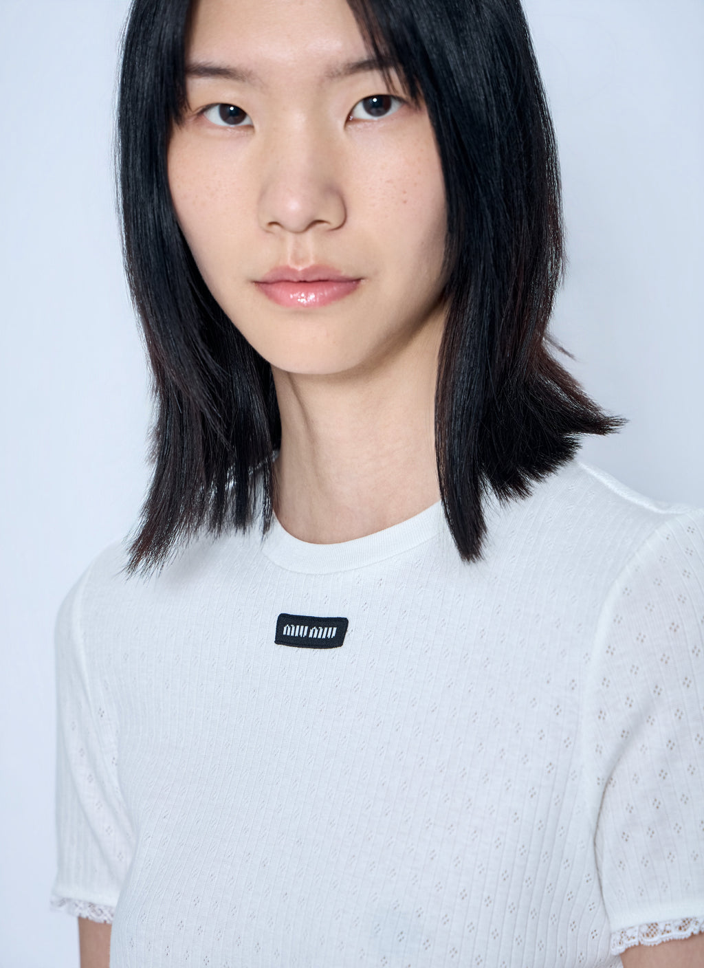 Miu Miu Women Lace-Trim Logo-Patch T-Shirt