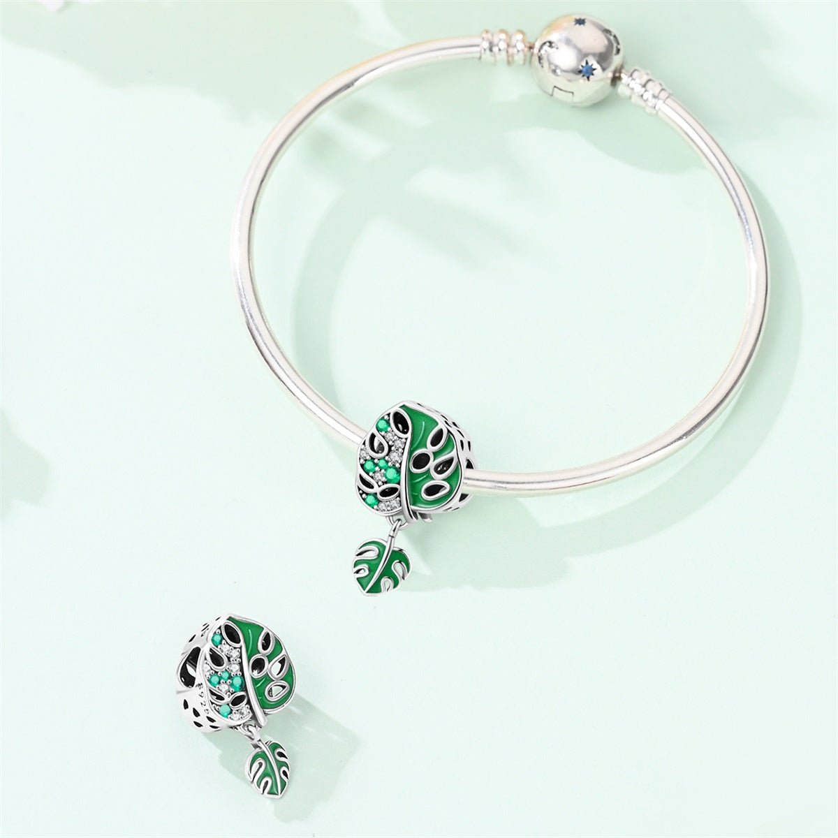 Monstera Leaf & Green Crystal Dangle Charm