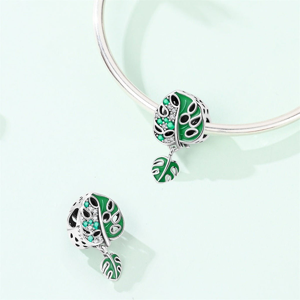 Monstera Leaf & Green Crystal Dangle Charm