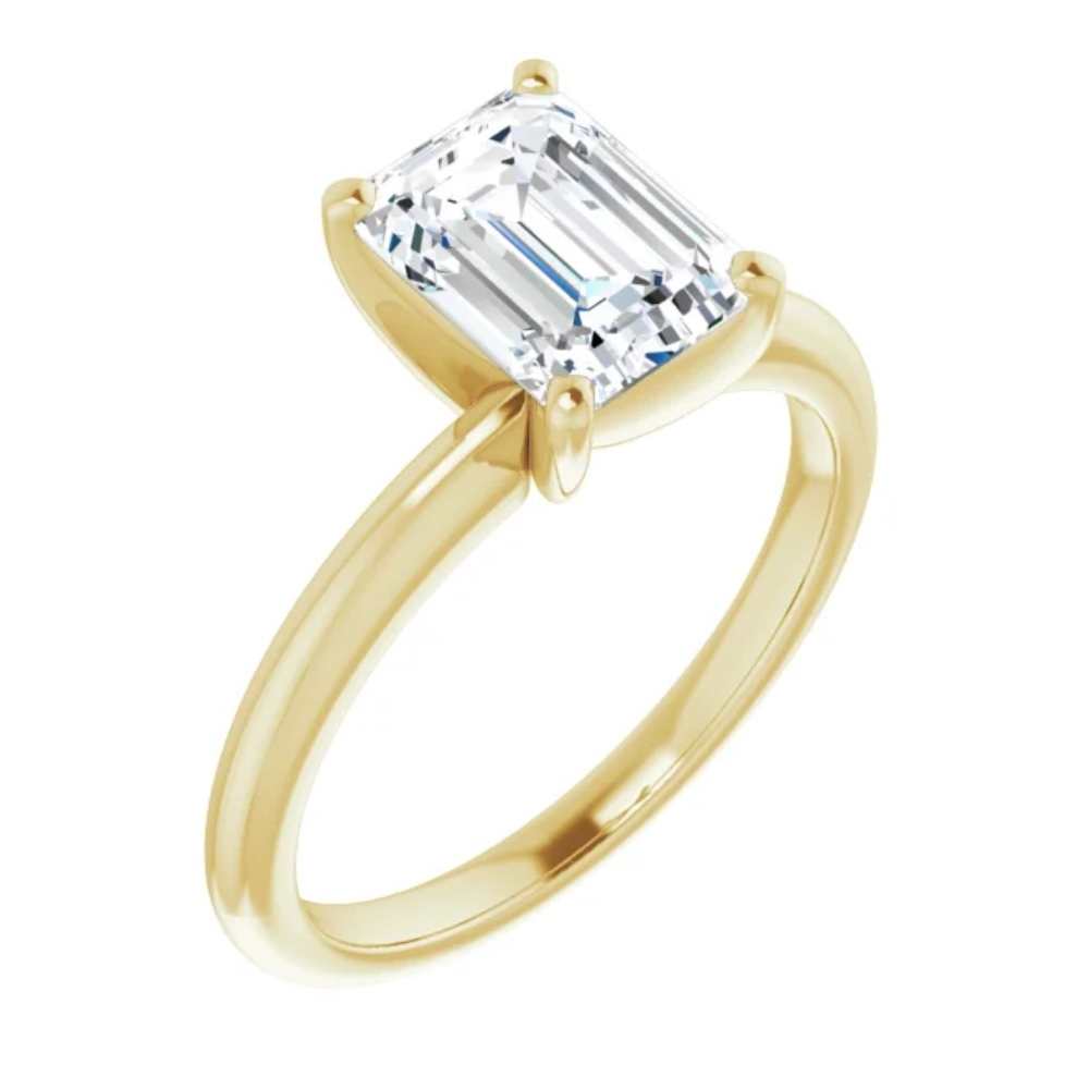 2Ct Emerald Solitaire Moissanite Engagement Ring in White Yellow or Rose Gold