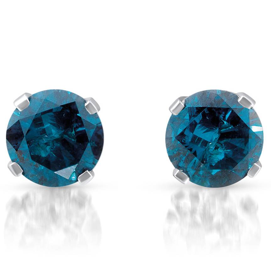 1 ct Treated Blue Round Cut Diamond Studs 14K White Gold