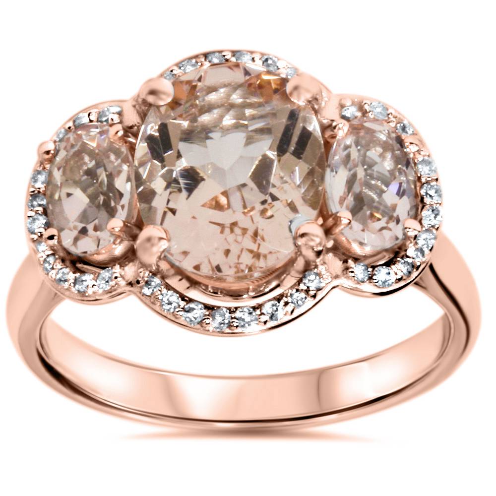 2 3/4ct Morganite 3 Stone Diamond Oval Halo Ring 14K Rose Gold Size Selectable