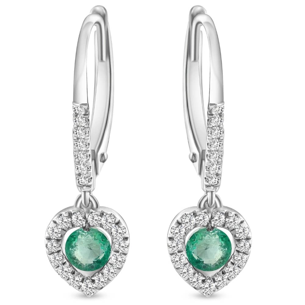 5/8Ct TW Emerald Lever Back Dangle Hoops White Gold Heart Earrings 3/4" Tall