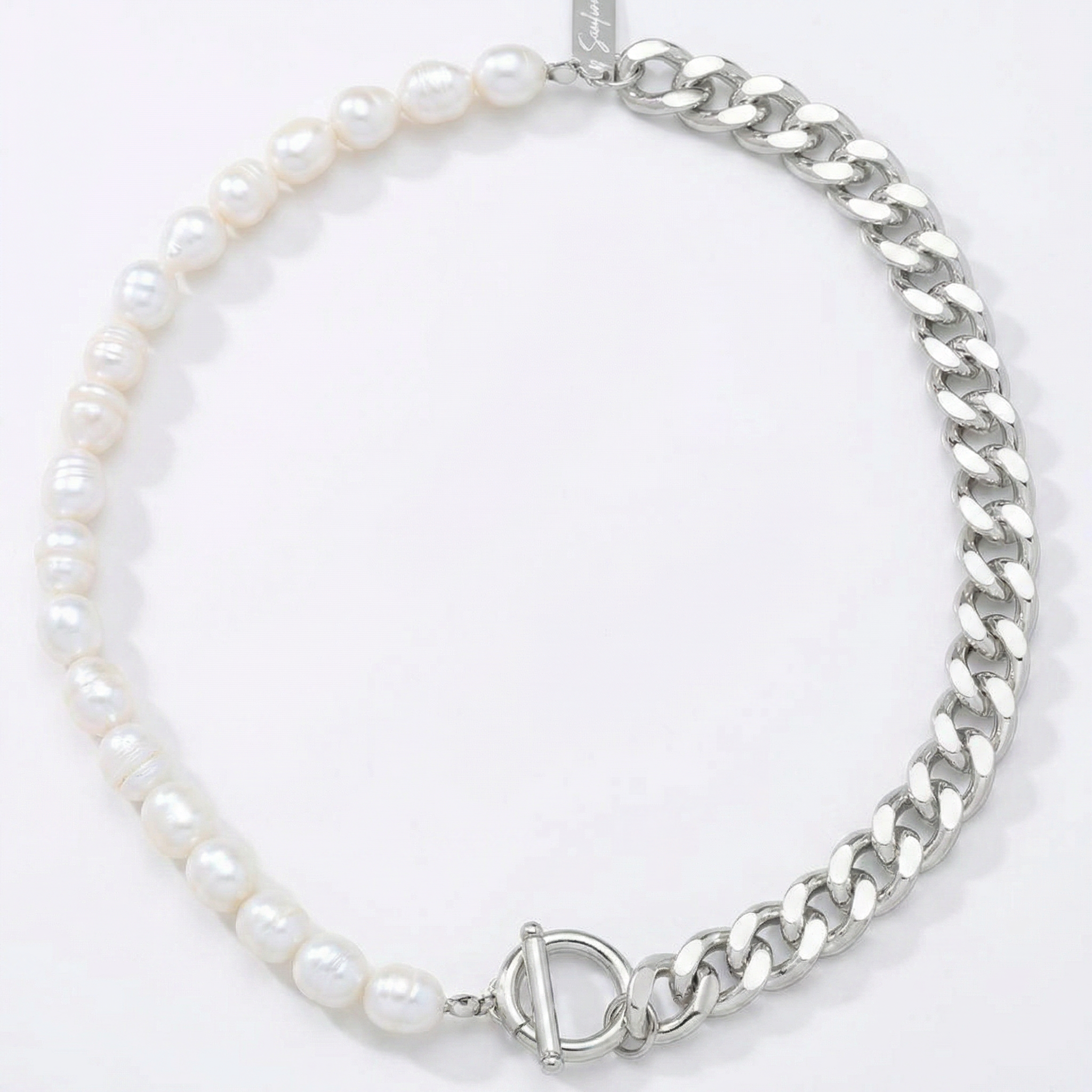 Fresh Water Pearl Half Curb Link Necklace 18" Toggle Clasp