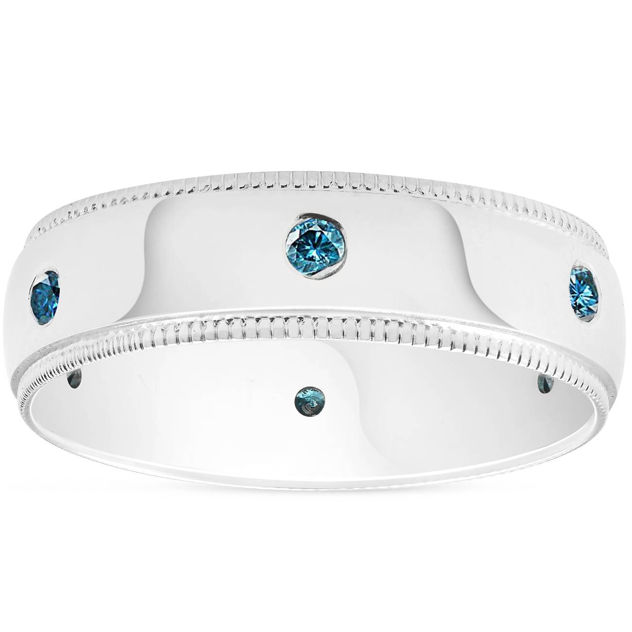 Mens Blue Diamond Wedding Ring 10K White Gold Size Selectable