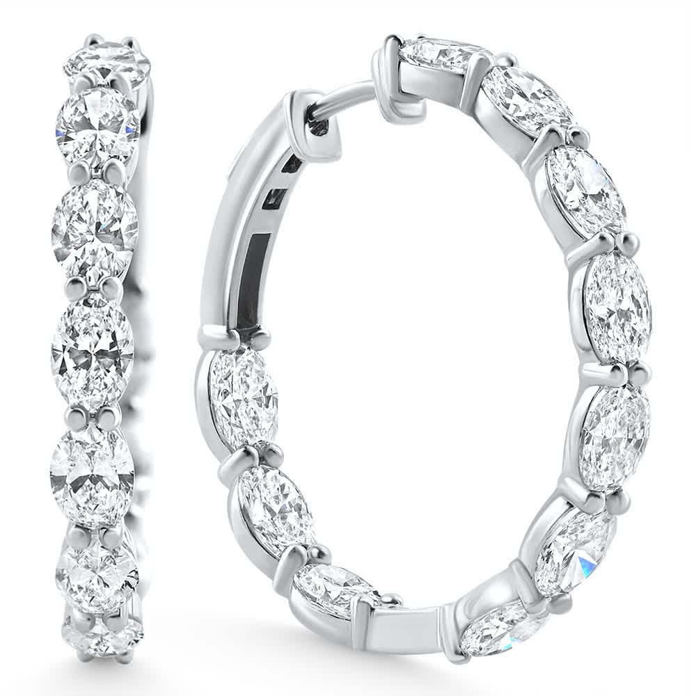 8Ct TW Oval Diamond Inside Outside Hoops Vault Lock 14k White Gold Lab Grown Size: 1.25" Tall
