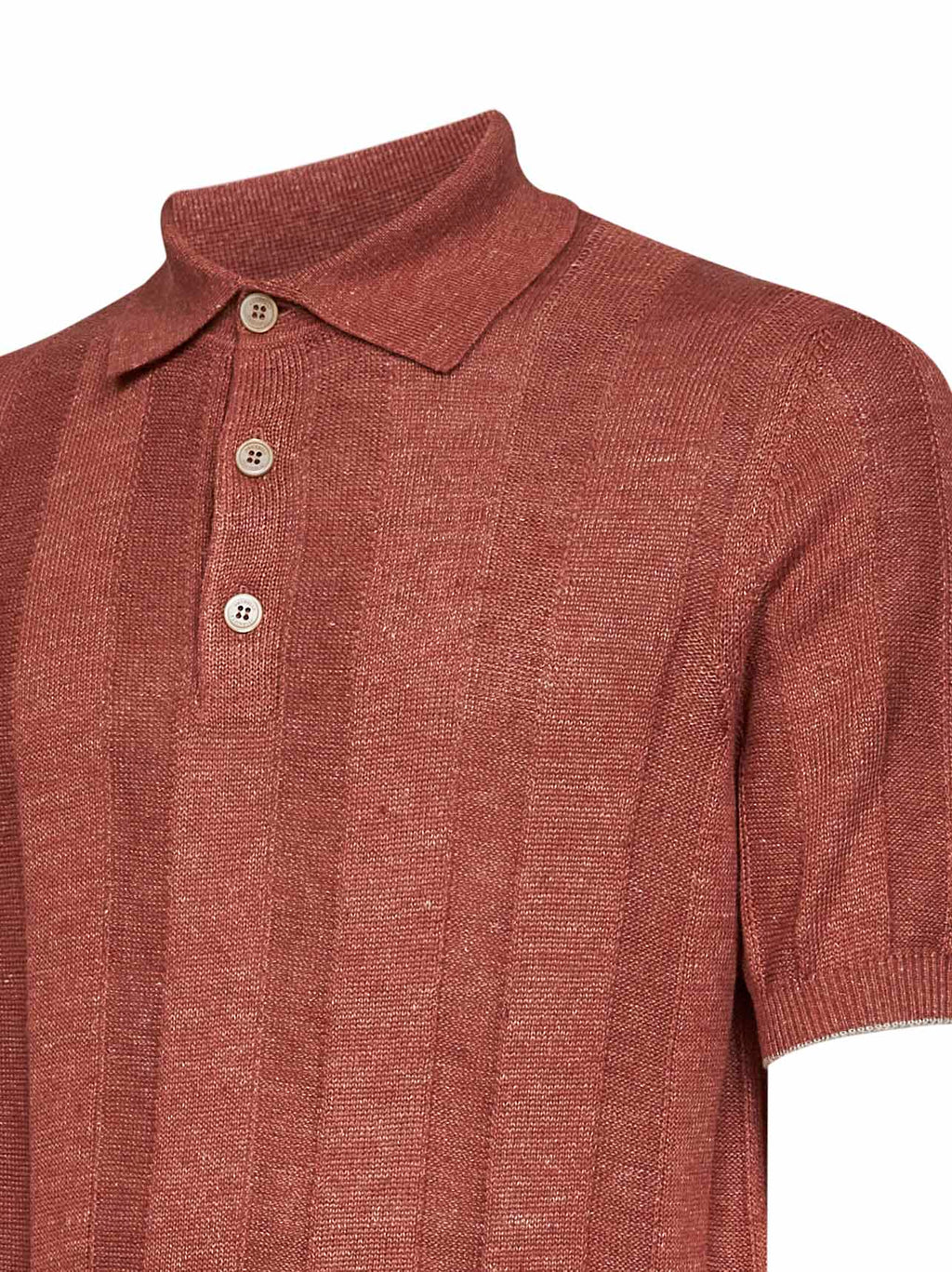 Brunello Cucinelli Men Terracotta Wide Ribbed Linen And Cotton Knit Polo Shirt