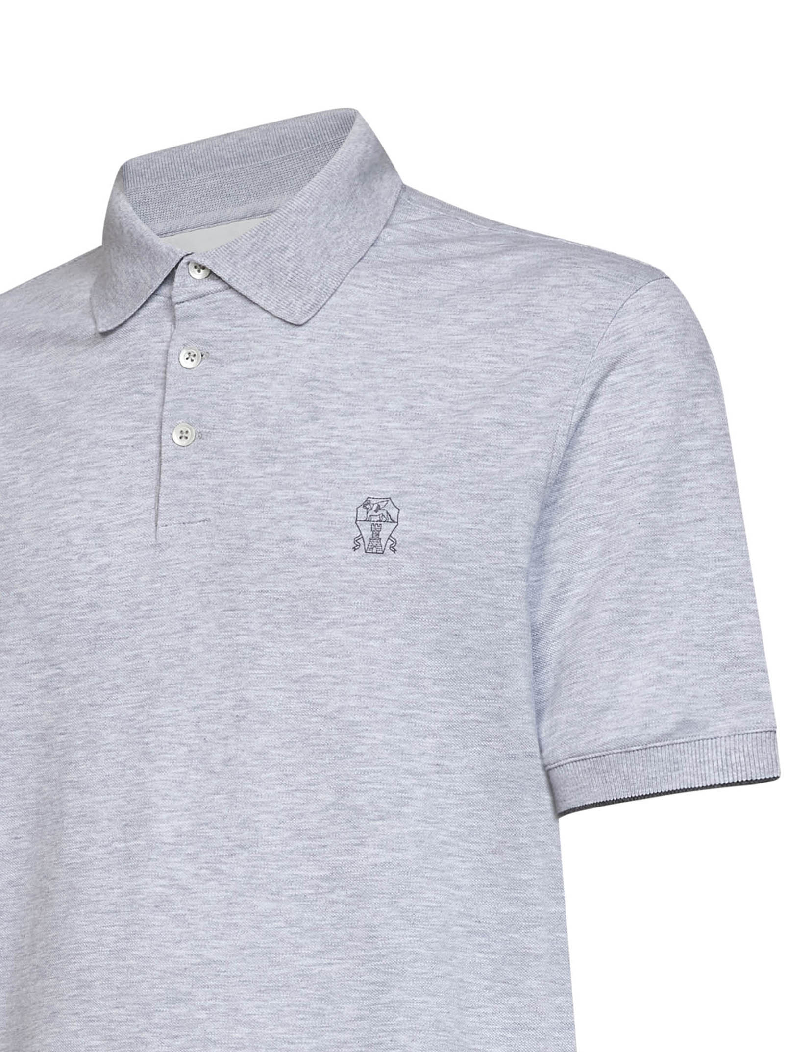 Brunello Cucinelli Men Grey Cotton Pique Logo Polo Shirt