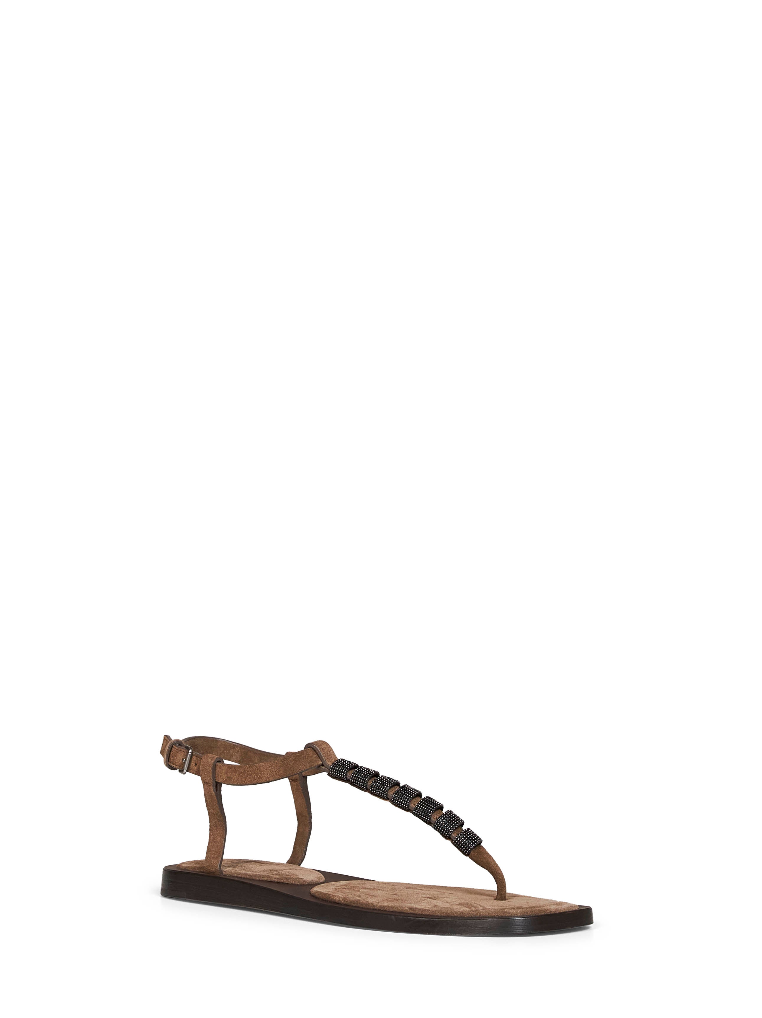 Brunello Cucinelli Women Brown Suede Thong Sandals With Monili