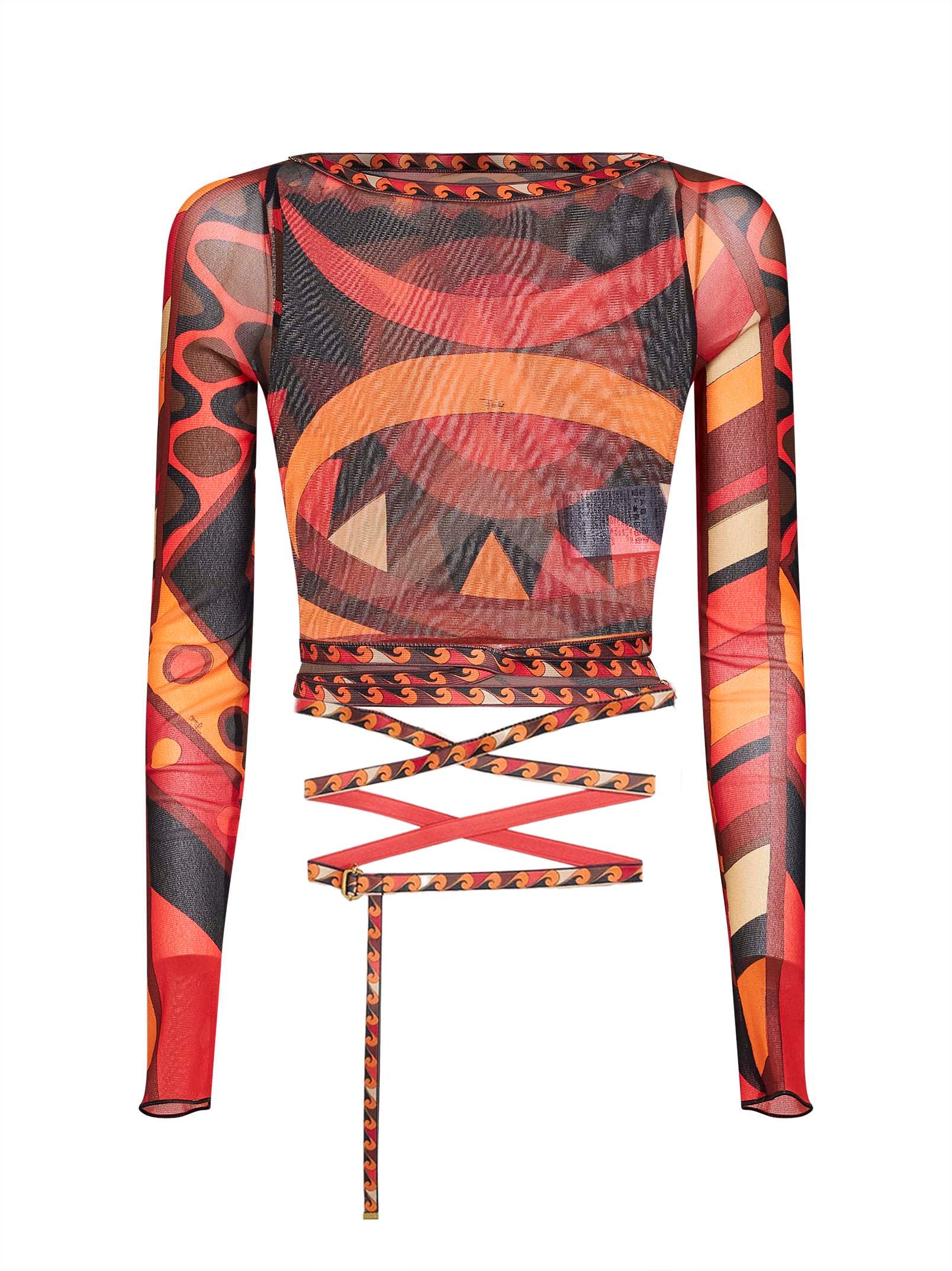 Pucci Women Orange And Black Vivara-Print Tulle Cropped Top