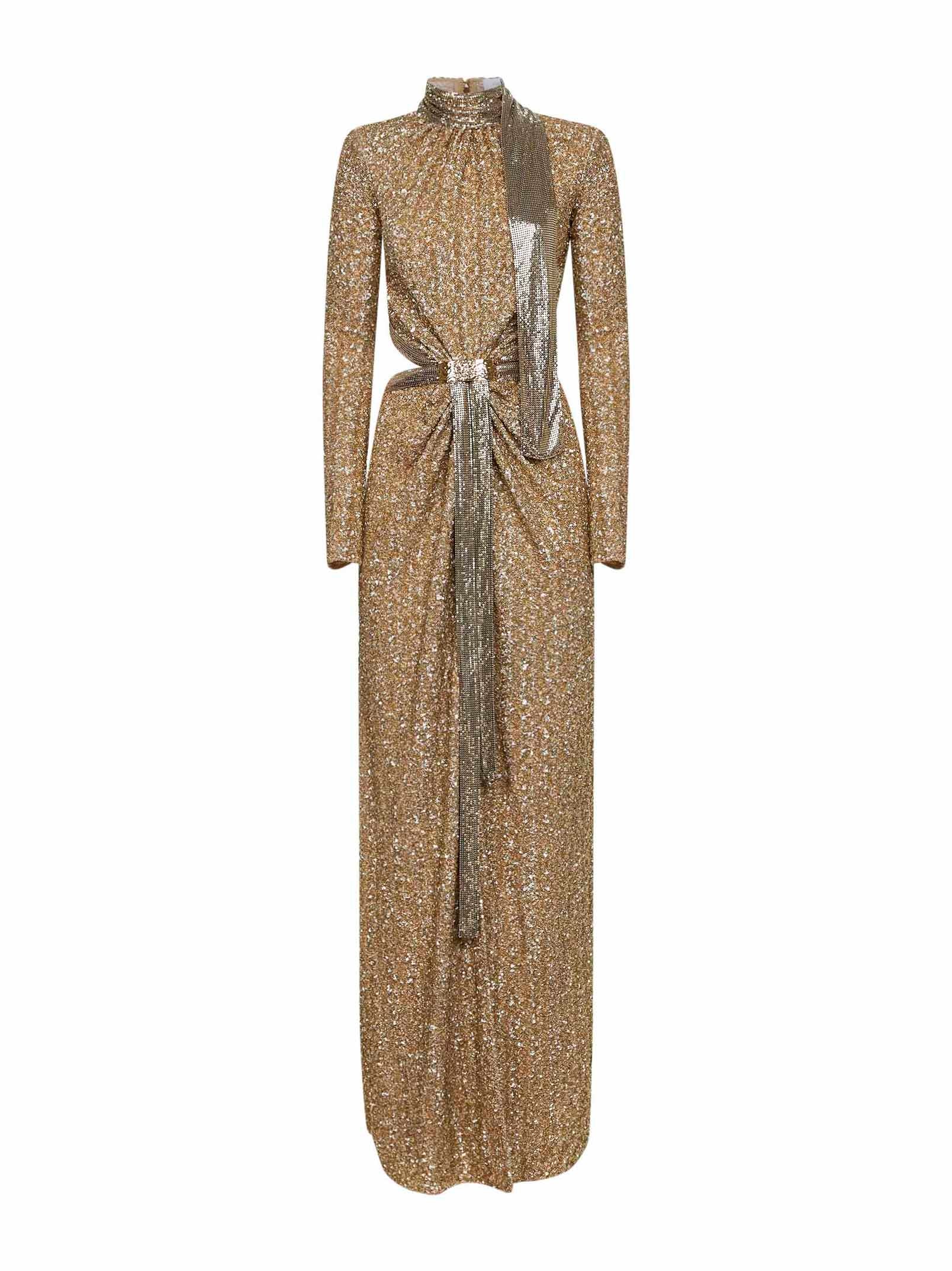 Rabanne Women Gold Sequins And Metallic Mesh Long Dress