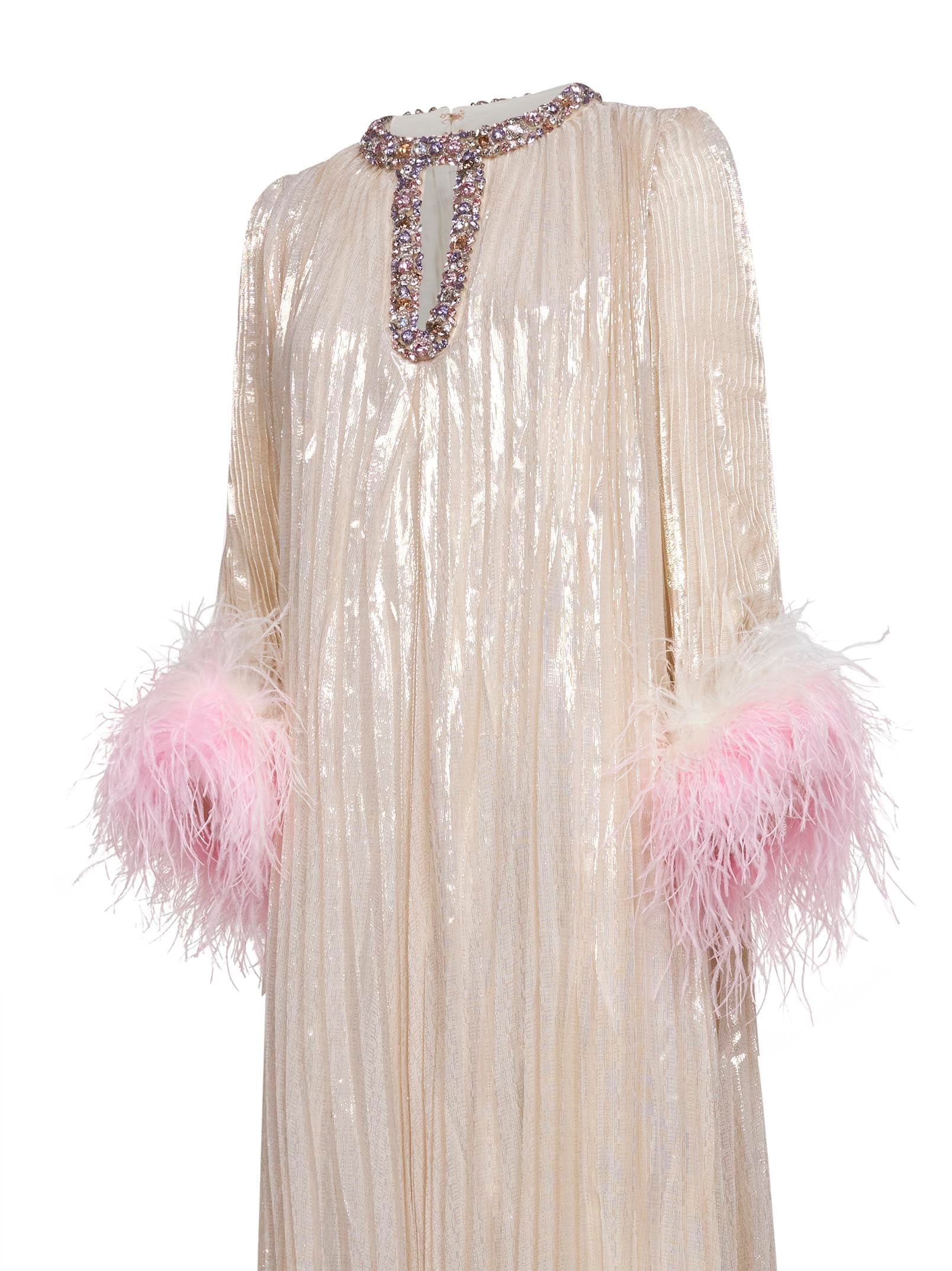 Self Portrait Women Champagne Metallic Pleated Caftan Maxi Dress