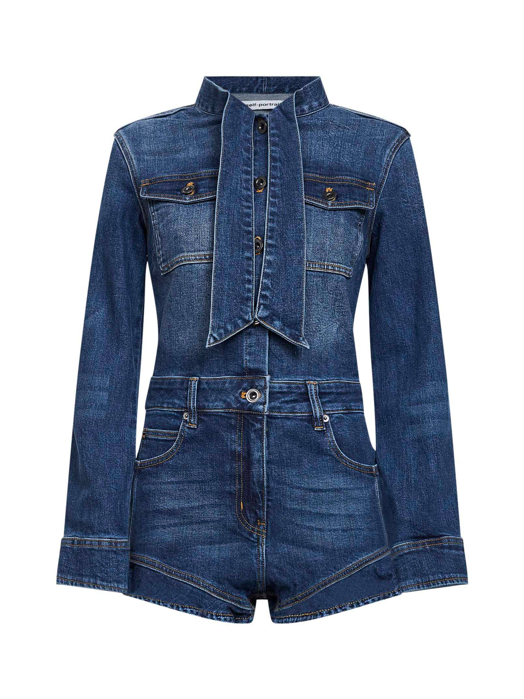 Self Portrait Women Blue Stretch Denim Frill Playsuit