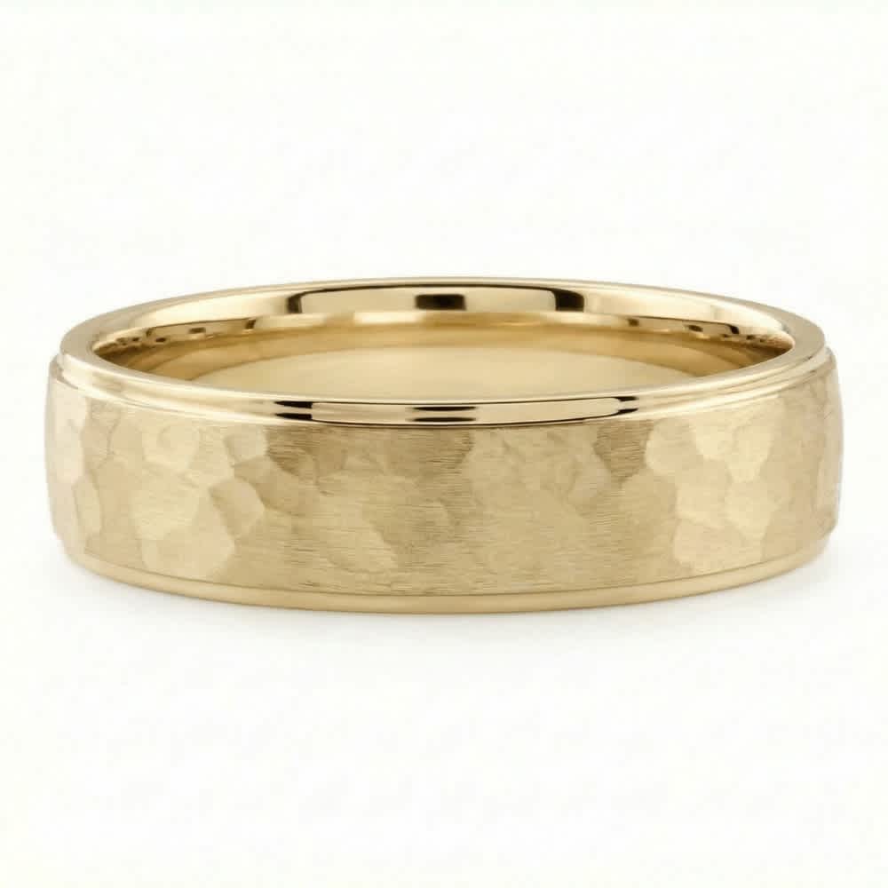 Men's Brushed Hammered Wedding Band 14k Gold Ring