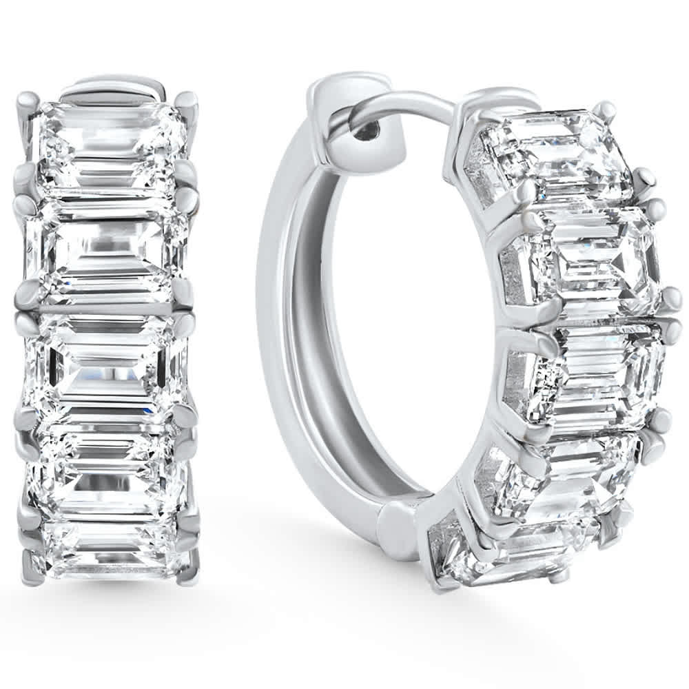 6.30Ct Emerald Cut Diamond Hoops 14k White Gold Lab Grown Earrings 3/4"