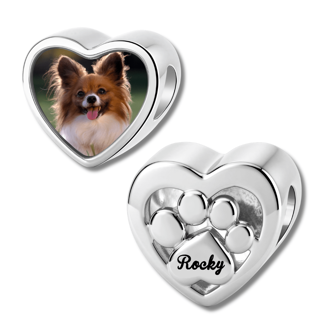Personalized Pet Photo & Engraved Paw Print Heart Charm