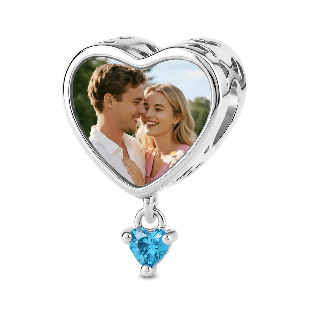 Personalized Photo & Engraved Heart Birthstone Dangle Charm