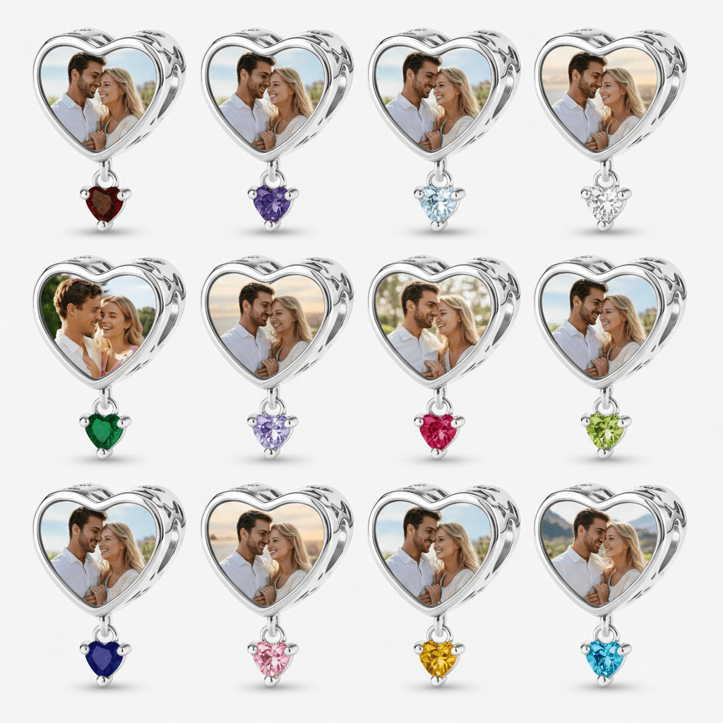 Personalized Photo & Engraved Heart Birthstone Dangle Charm