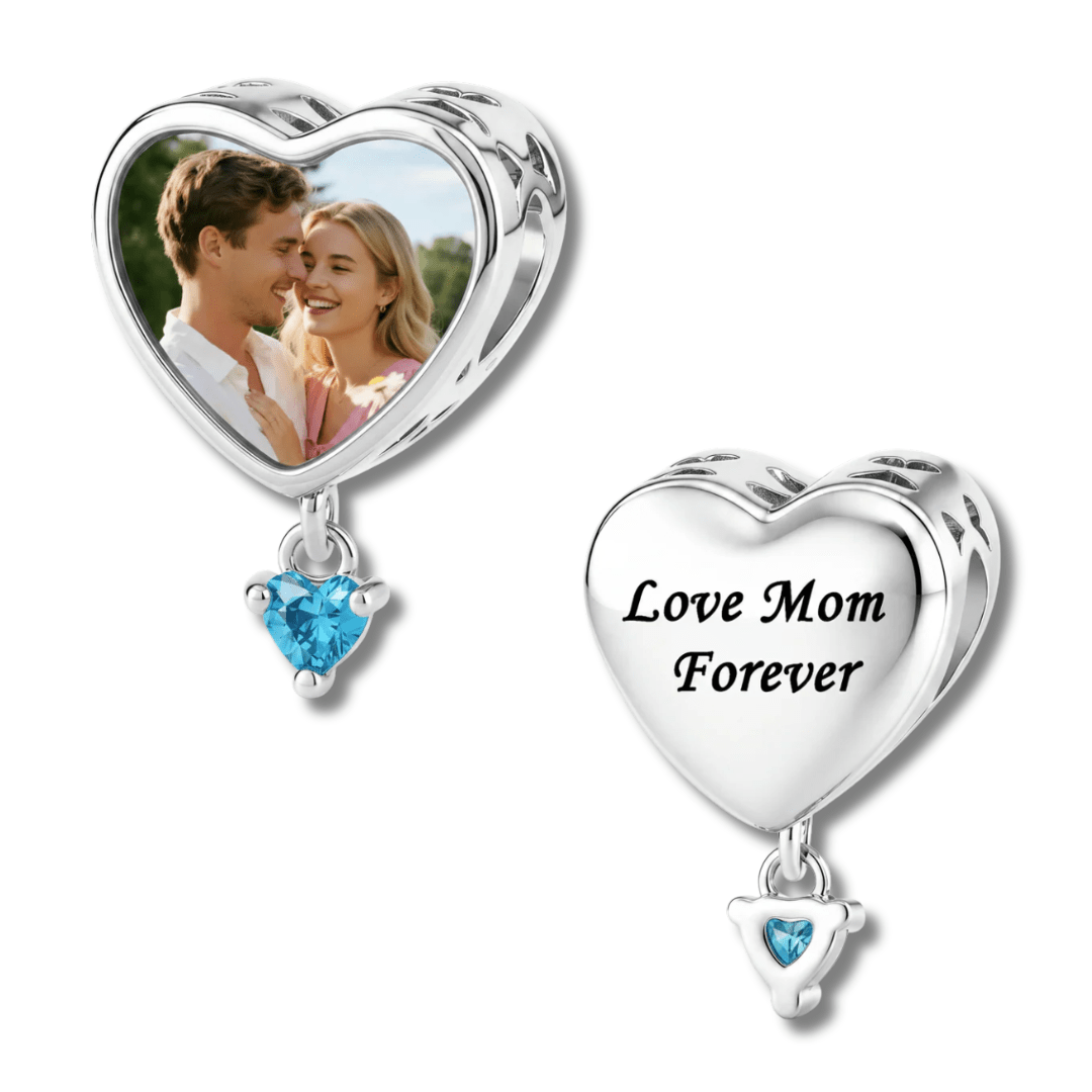 Personalized Photo & Engraved Heart Birthstone Dangle Charm