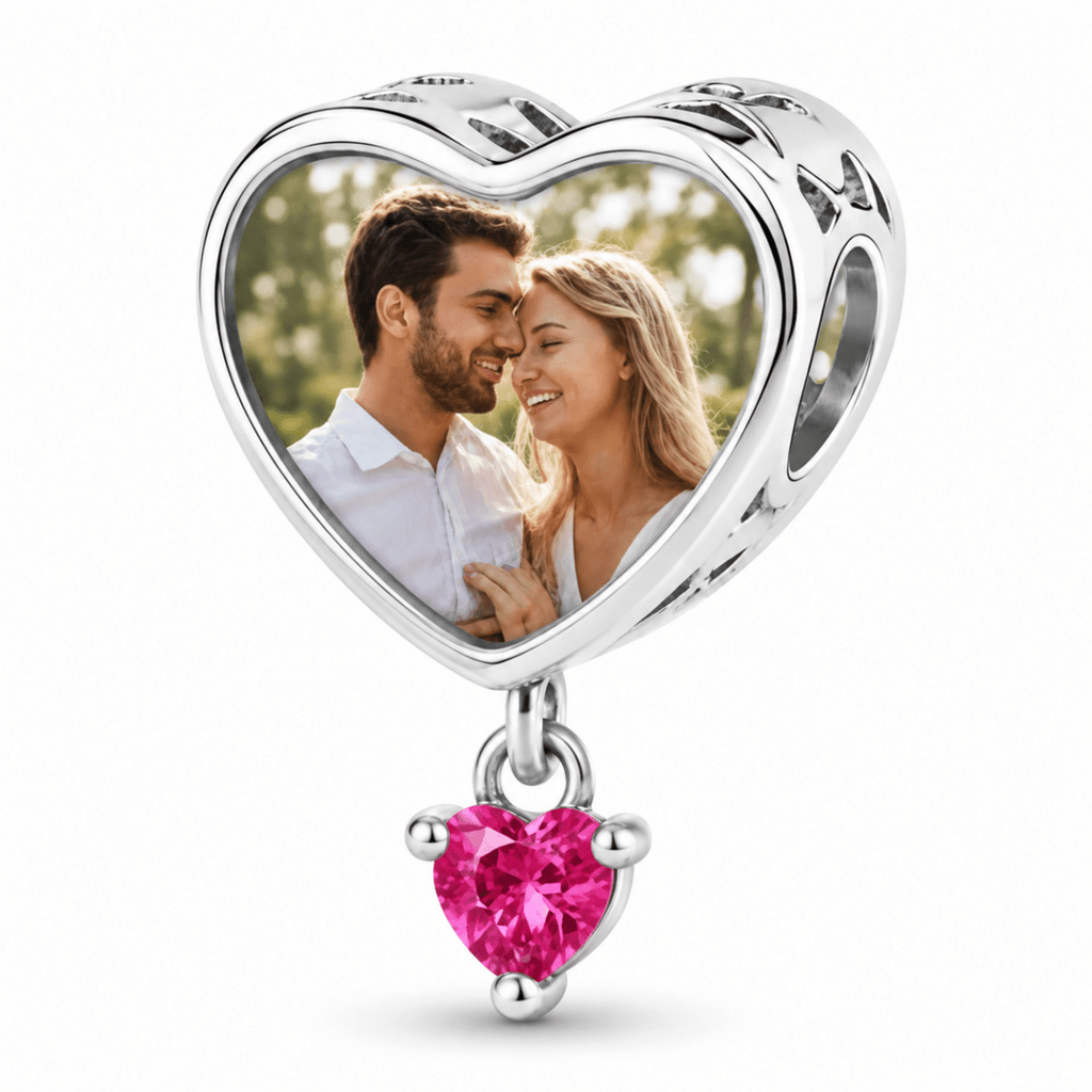 Personalized Photo & Engraved Heart Birthstone Dangle Charm