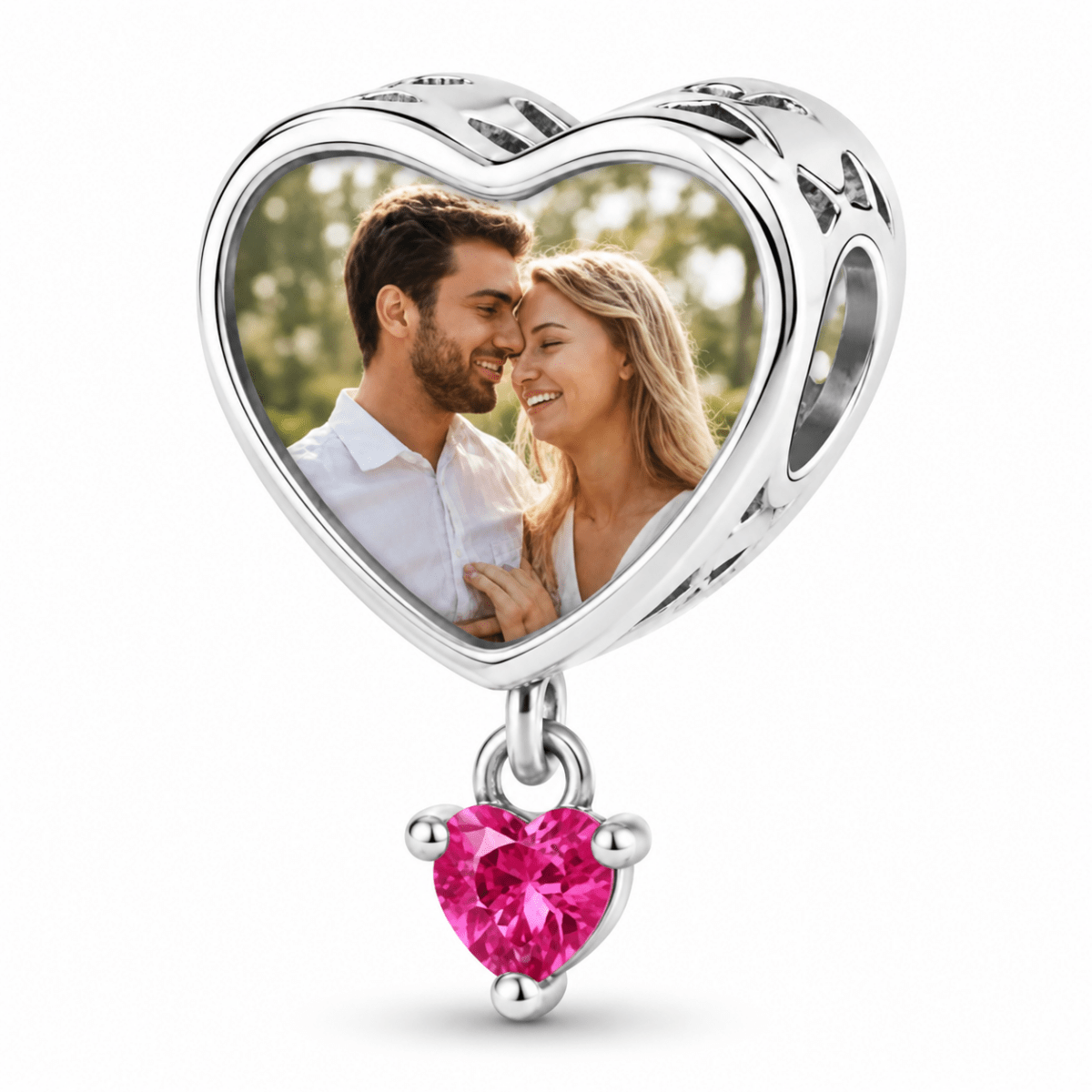 Personalized Photo & Engraved Heart Birthstone Dangle Charm